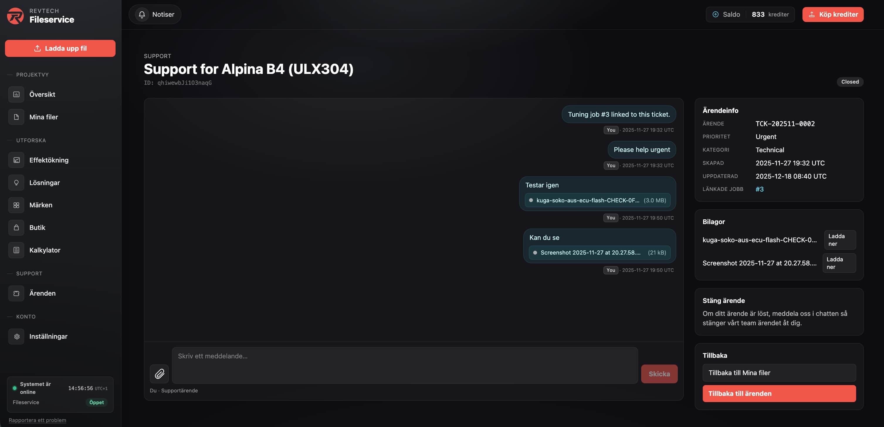 Screenshot: Kommunikation och status (allt i samma vy)