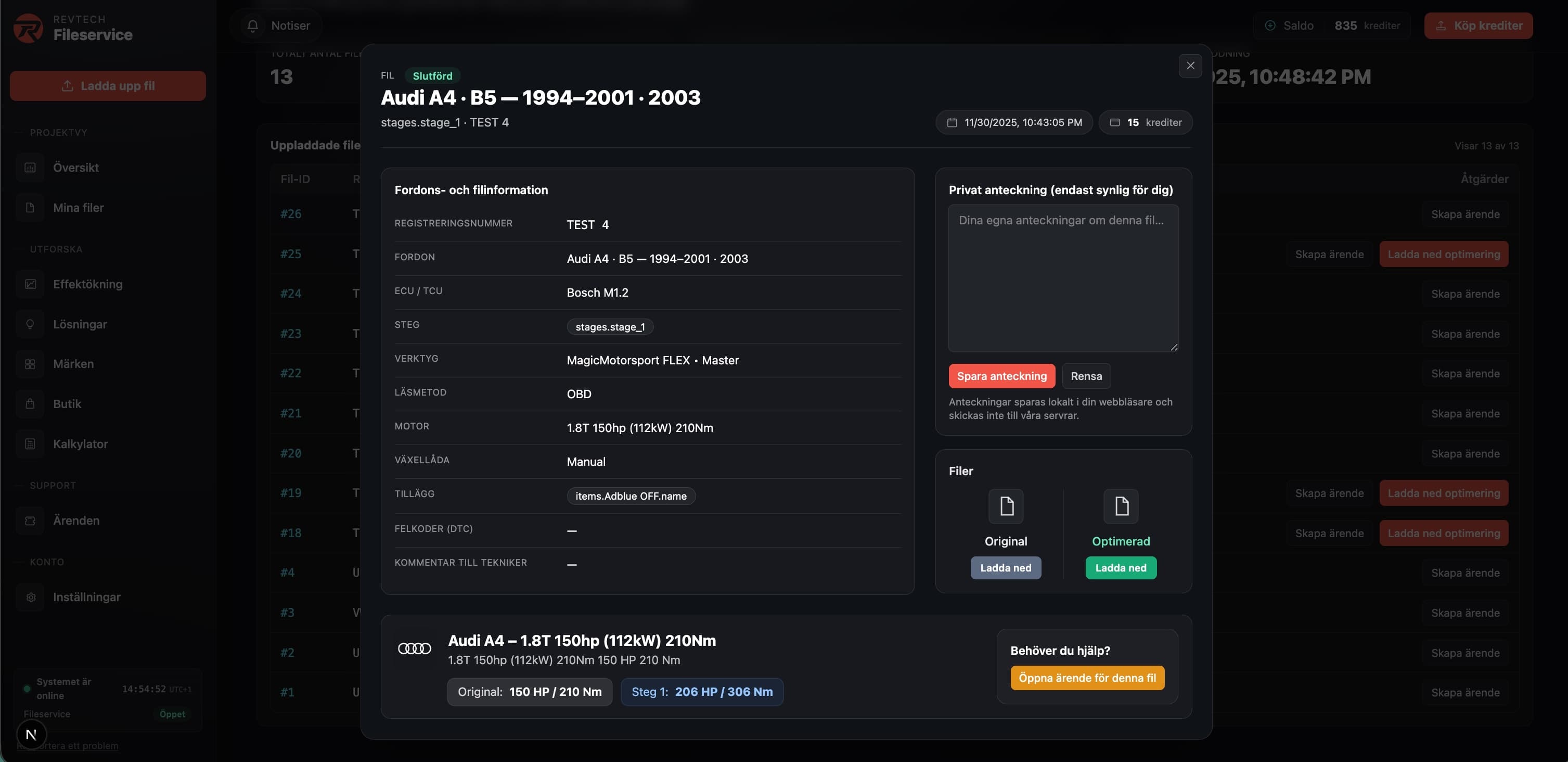 Screenshot: Leverans och historik