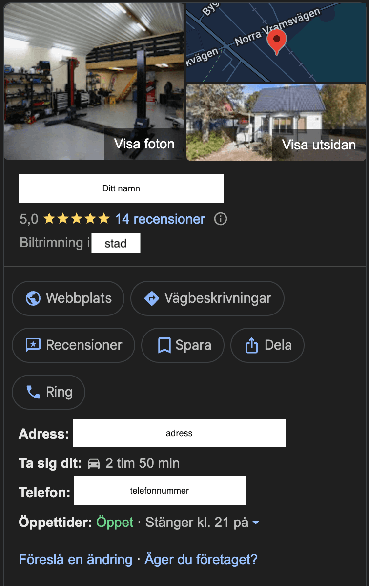 Exempel på en Google Business-profil för tuningföretag